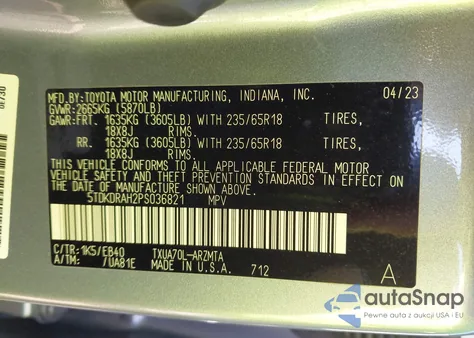 2023 Toyota Highlander Xle z USA, uszkodzony, nr VIN 5TDKDRAH2PS036821